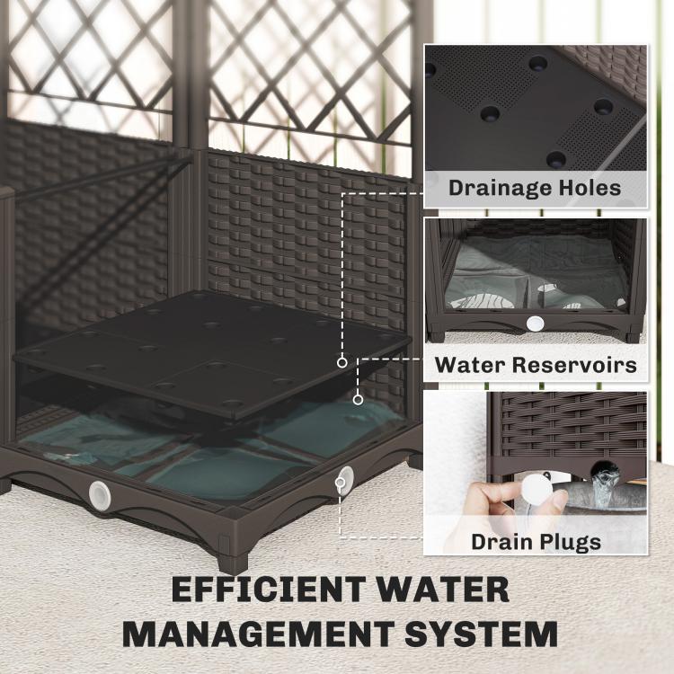 Self-watering planter bed interior showing drainage holes, water reservoirs, and drain plugs