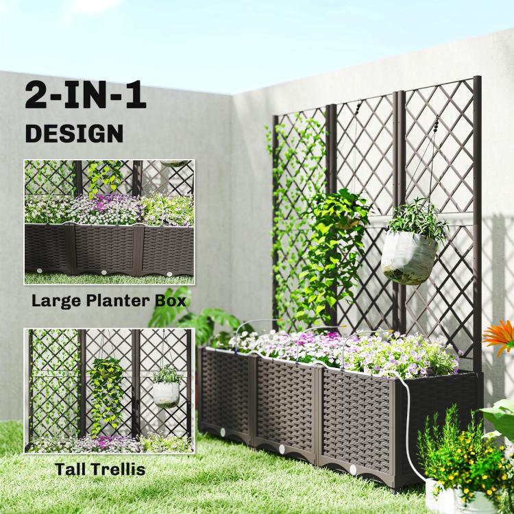 Raised planter bed with trellis panels for flowers, vines, and tall potted plants