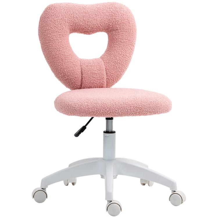 Pink teddy fleece armless swivel chair with heart cutout back and round seat, wheeled base