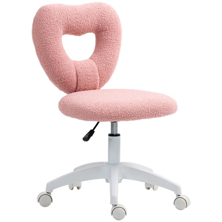 Pink teddy fleece armless swivel chair with heart cutout back, round seat, and rolling wheels