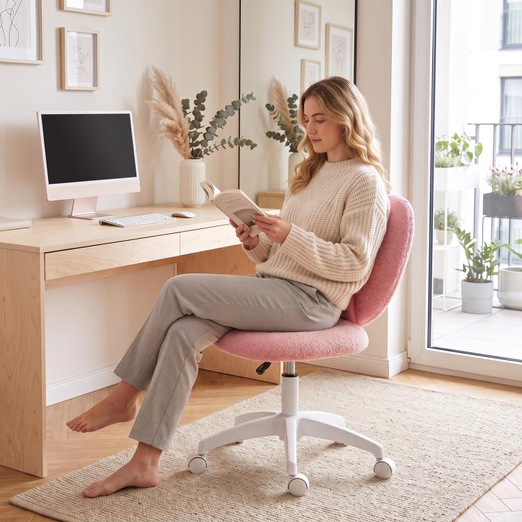 Pink teddy fleece armless swivel chair with heart-shaped back and caster wheels