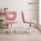 Pink armless swivel chair with heart cutout backrest, round seat, and white caster base
