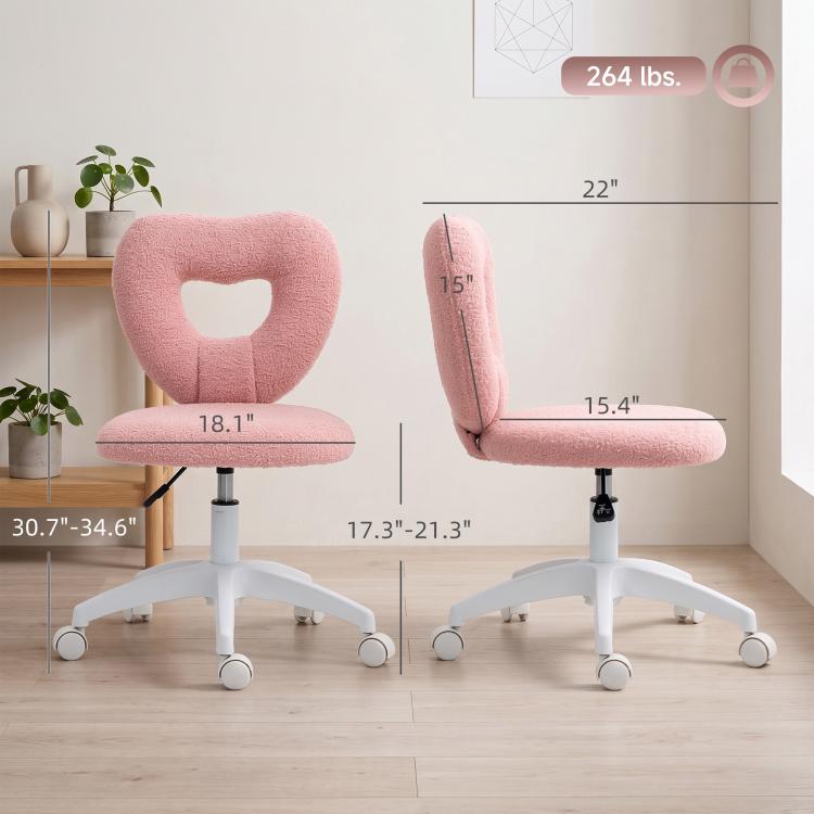 Pink armless swivel chair with heart cutout backrest, round seat, and white caster base
