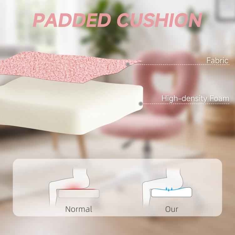 Pink padded seat cushion with teddy fleece top and foam layer underneath