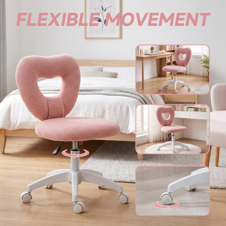 Pink armless swivel chair with heart cutout backrest, round seat, and caster wheels