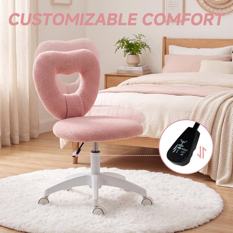 Pink armless swivel chair with heart cutout backrest and round seat on caster wheels