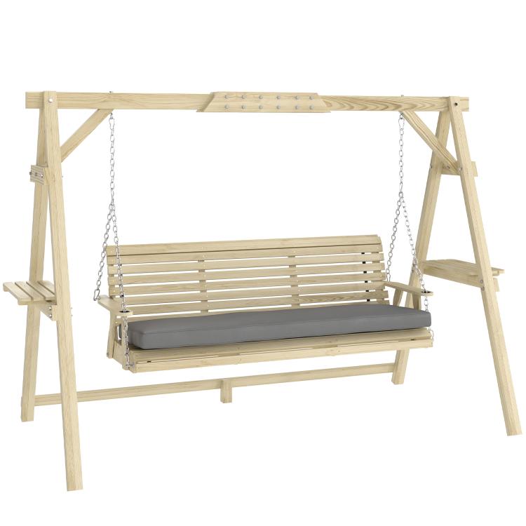 Natural wood 3-seat porch swing with stand, hanging chains, and gray cushion bench