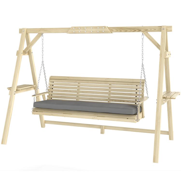 Natural wood 3-seat porch swing with stand, chain suspension, and gray seat cushion