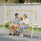 Wooden 3-seat porch swing with stand and gray cushion, with hanging chains
