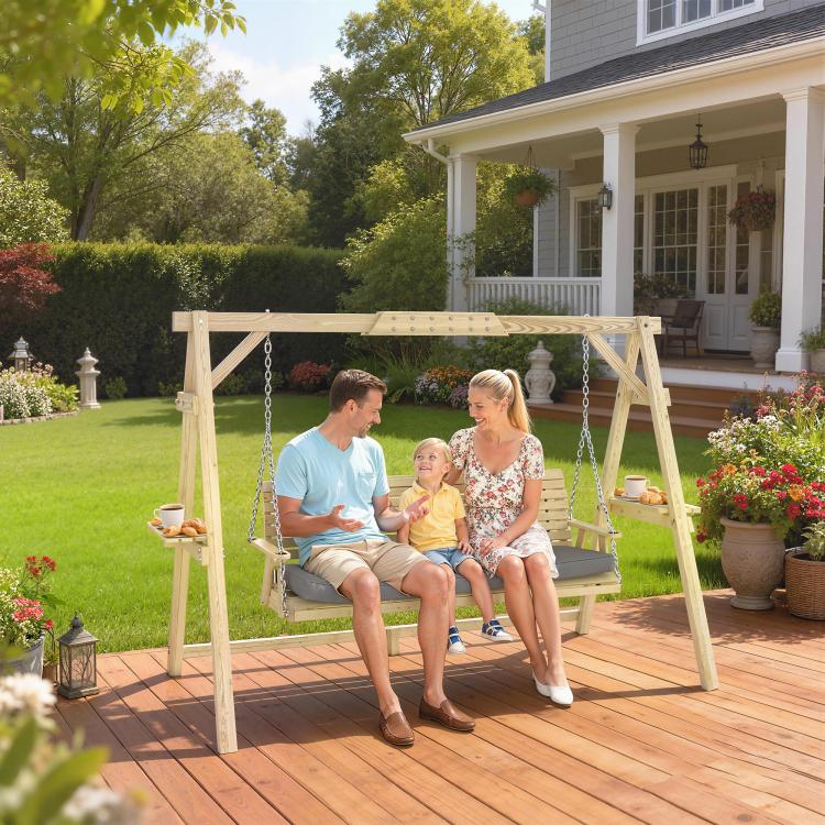 3-seat porch swing with gray cushion on a natural wood stand with hanging chains