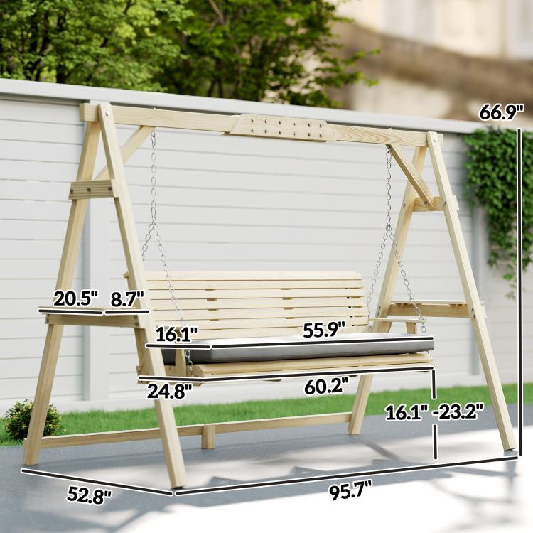 Natural wood porch swing with stand, gray cushion, chain hangers, and slatted seat