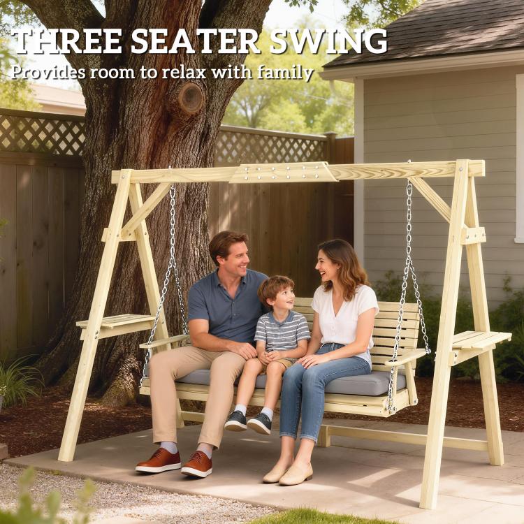3-seat wooden porch swing with gray cushion and hanging chains on a patio
