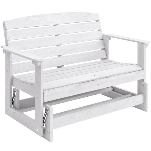 Distressed white slatted glider bench with double rocking base and armrests
