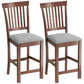 Pair of counter-height bar stools, gray cushioned seats, dark brown slatted high backs