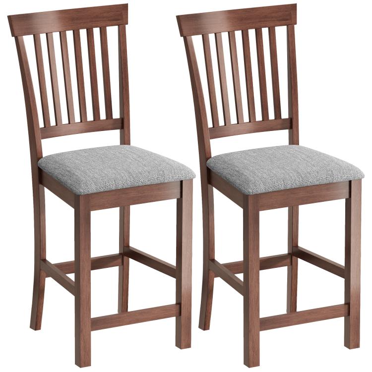 Pair of counter-height bar stools, gray cushioned seats, dark brown slatted high backs