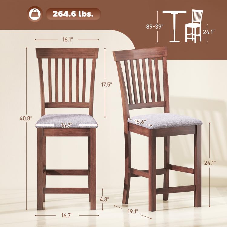 Counter-height bar stool with dark brown wood frame, slatted high back, gray padded seat