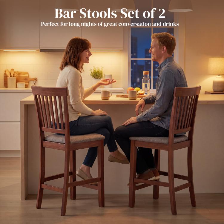 Two bar stools with dark brown wood frames, slatted high backs, and gray padded seats