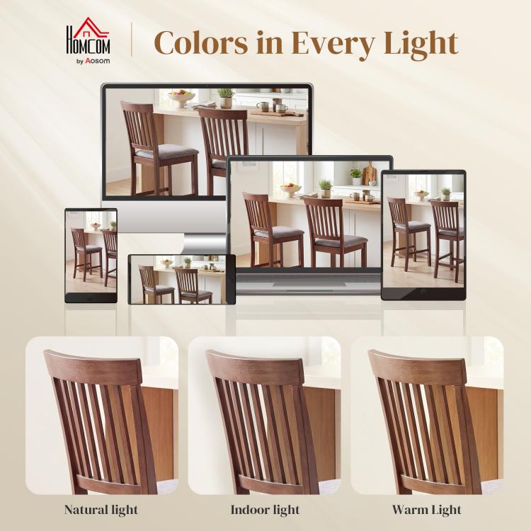 Bar stool with dark brown slatted high back and gray padded seat shown in multiple lighting