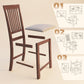 Bar stool assembly view: dark brown slatted high back and gray padded seat with hardware
