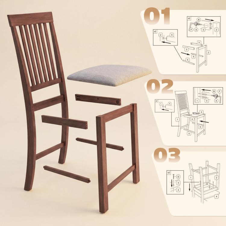 Bar stool assembly view: dark brown slatted high back and gray padded seat with hardware