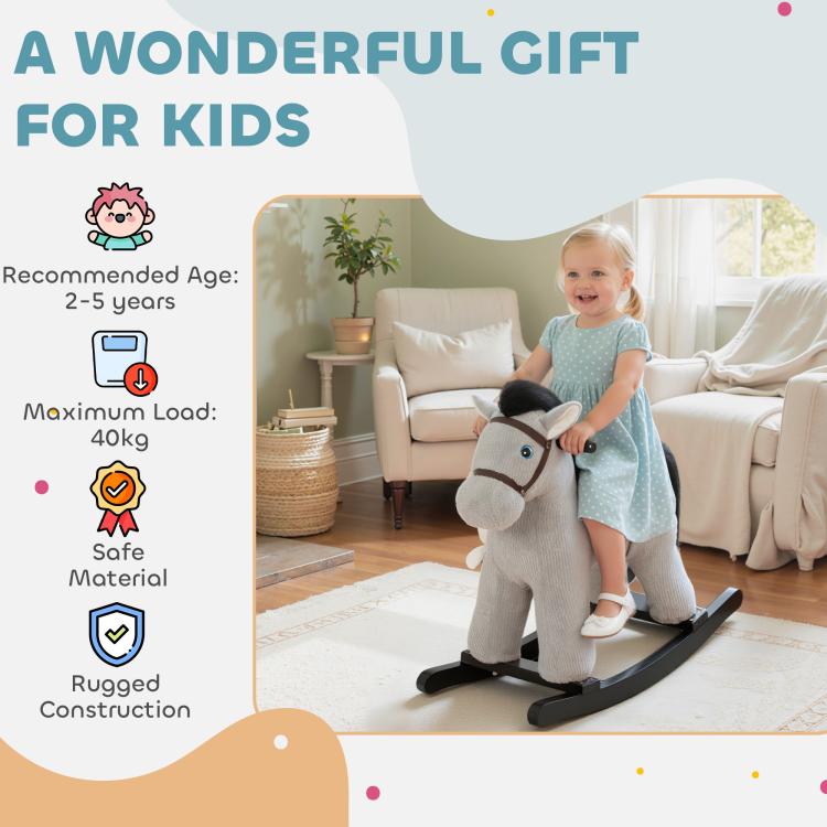 Gray plush rocking horse for toddlers with padded saddle and black rocking runners