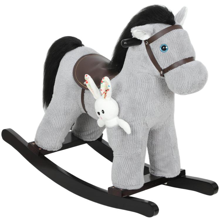 Gray plush rocking horse with black mane, blue eyes, bridle, and hanging bunny toy