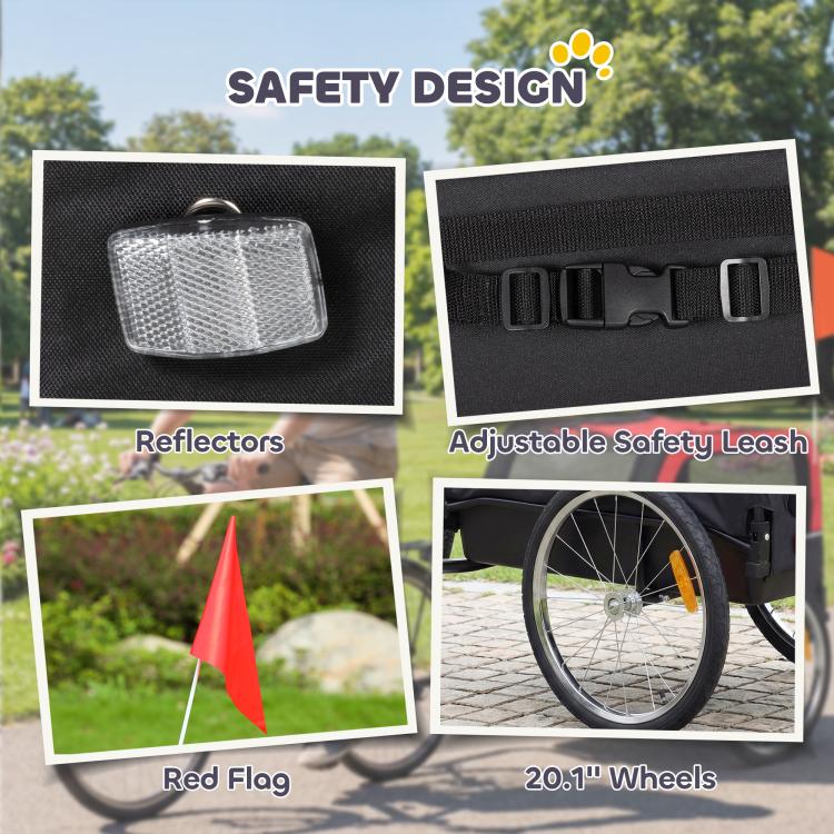 Dog bike trailer features close-up: reflectors, adjustable safety leash, red flag
