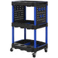 3-tier tool cart front view with black shelves and dark blue frame, perforated side panels.