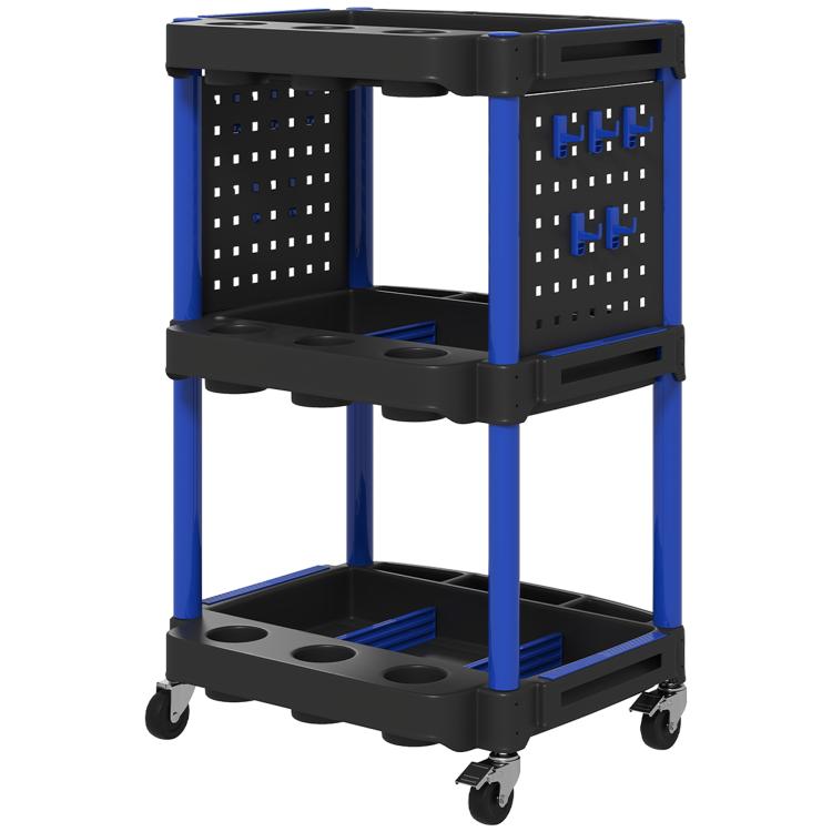 3-tier tool cart front view with black shelves and dark blue frame, perforated side panels.
