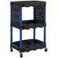 3-tier utility cart with dark blue frame, black plastic shelves, perforated panels, 4 caster wheels.
