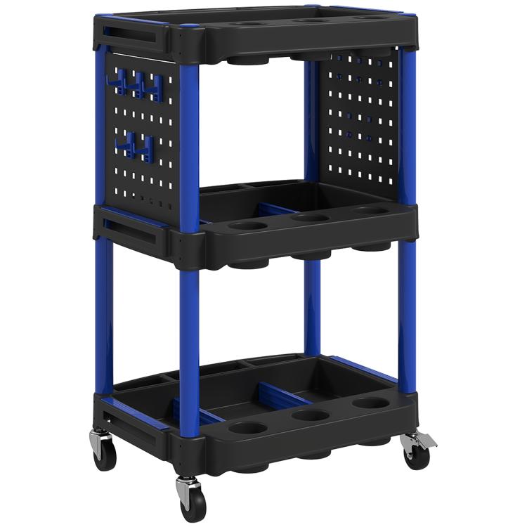 3-tier utility cart with dark blue frame, black plastic shelves, perforated panels, 4 caster wheels.
