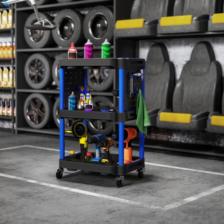 Open 3-tier tool cart with black shelves, dark blue frame, pegboard sides, caster wheels.