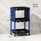 3-tier rolling tool cart with black shelves and dark blue frame, front profile with casters.