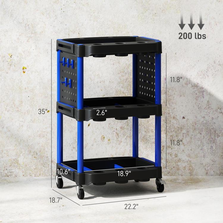 3-tier rolling tool cart with black shelves and dark blue frame, front profile with casters.