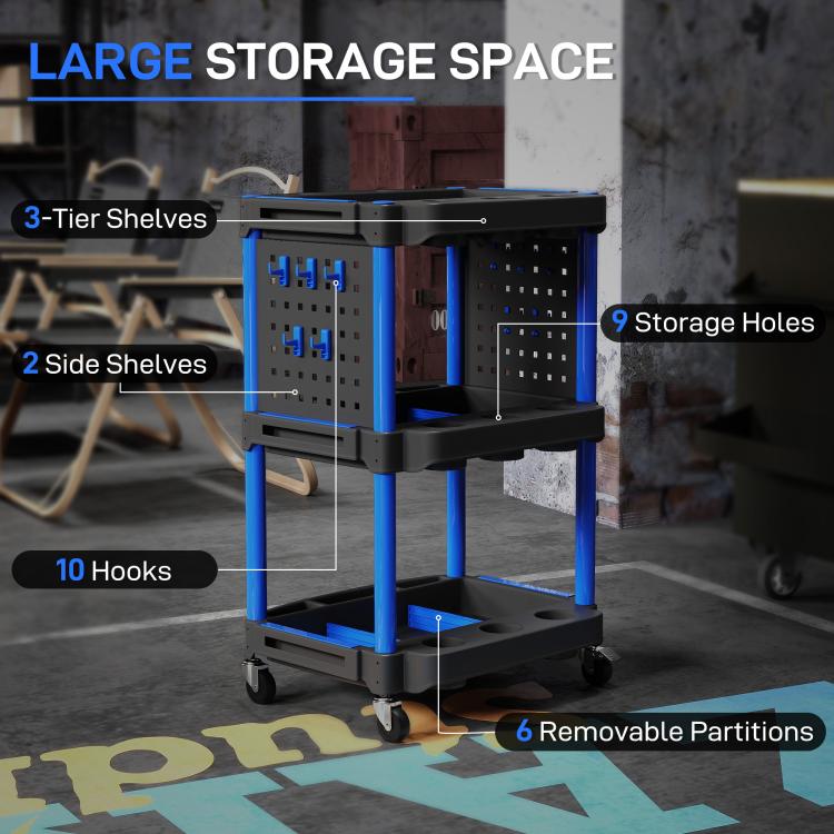 3-tier tool cart with perforated side shelves, black trays and dark blue posts, caster wheels.
