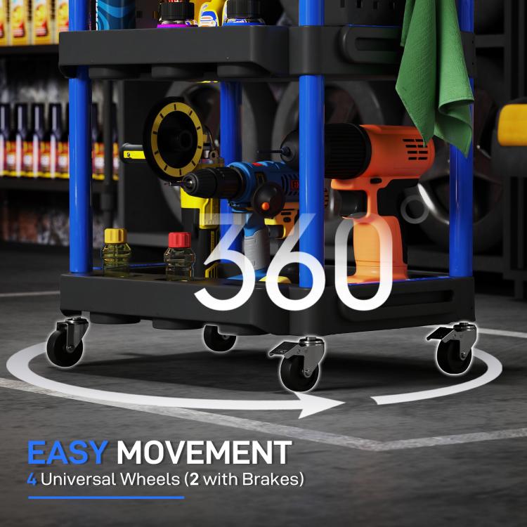 Tool cart base with four caster wheels and black lower shelf, dark blue posts.