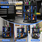 3-tier rolling tool cart with black shelves and dark blue frame, compact utility storage.