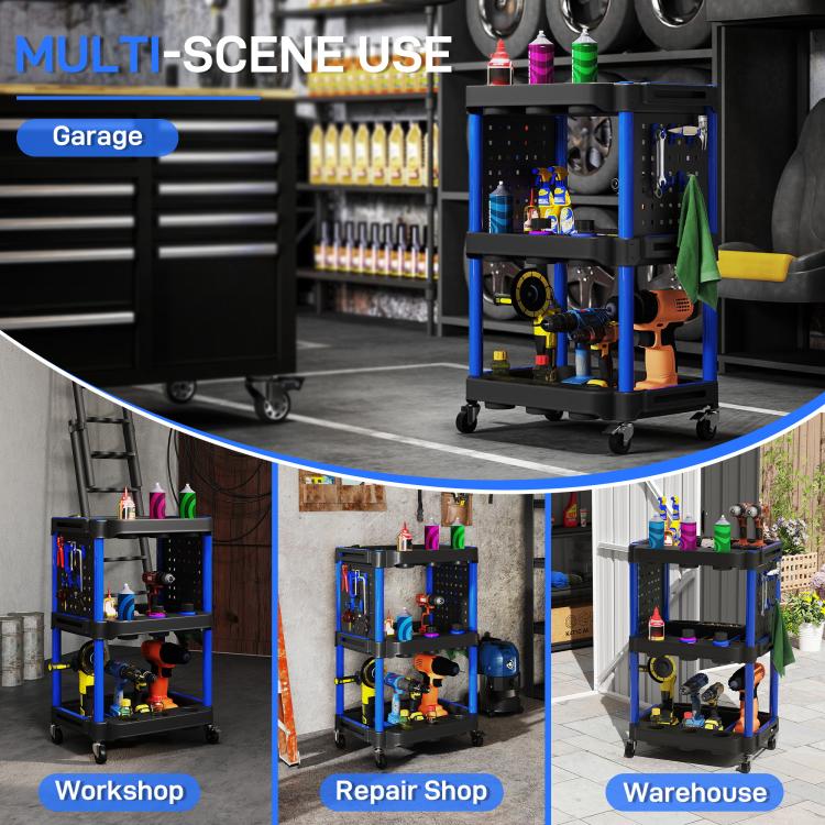 3-tier rolling tool cart with black shelves and dark blue frame, compact utility storage.