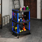 3-tier rolling tool cart with black top and shelves, dark blue frame, side pegboards on casters.