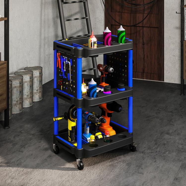 3-tier rolling tool cart with black top and shelves, dark blue frame, side pegboards on casters.