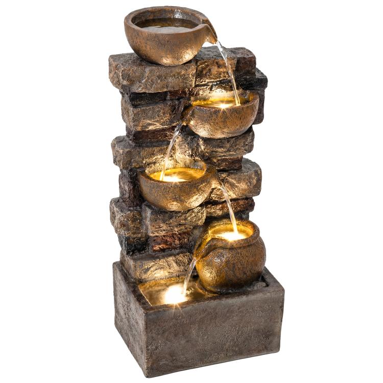 Rustic tiered jug fountain with cascading water and warm LED lights