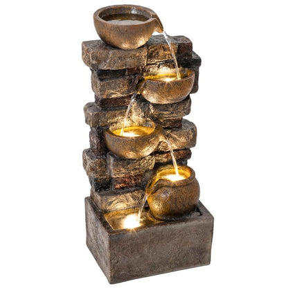 Rustic tiered jug fountain with cascading water and warm LED lights