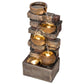 Tiered jug water fountain with glowing LEDs and rustic stone-brown finish
