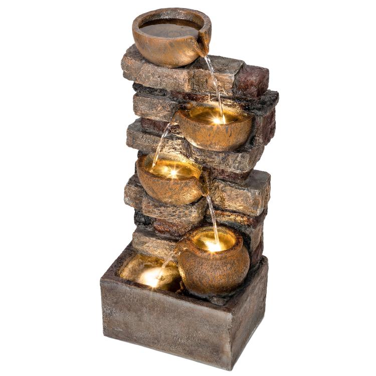 Tiered jug water fountain with glowing LEDs and rustic stone-brown finish