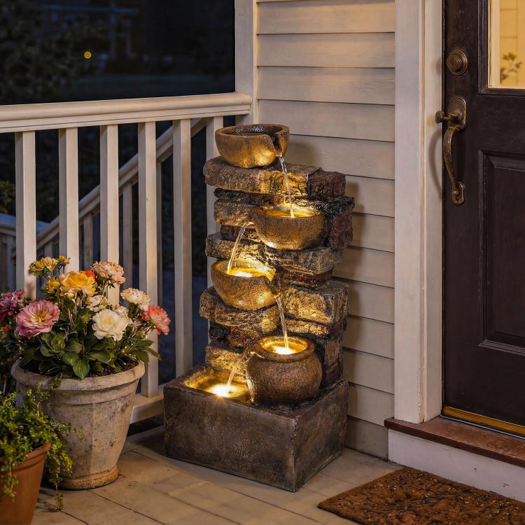 5-tier outdoor fountain with stacked rustic jugs and warm LED-lit cascading water
