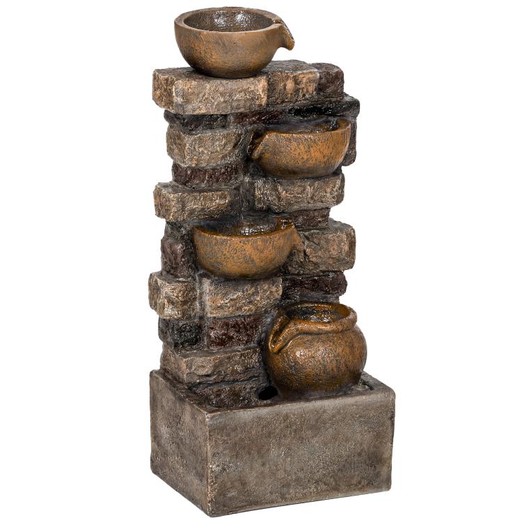 5-tier outdoor fountain with stacked rustic jugs in dark brown stone finish