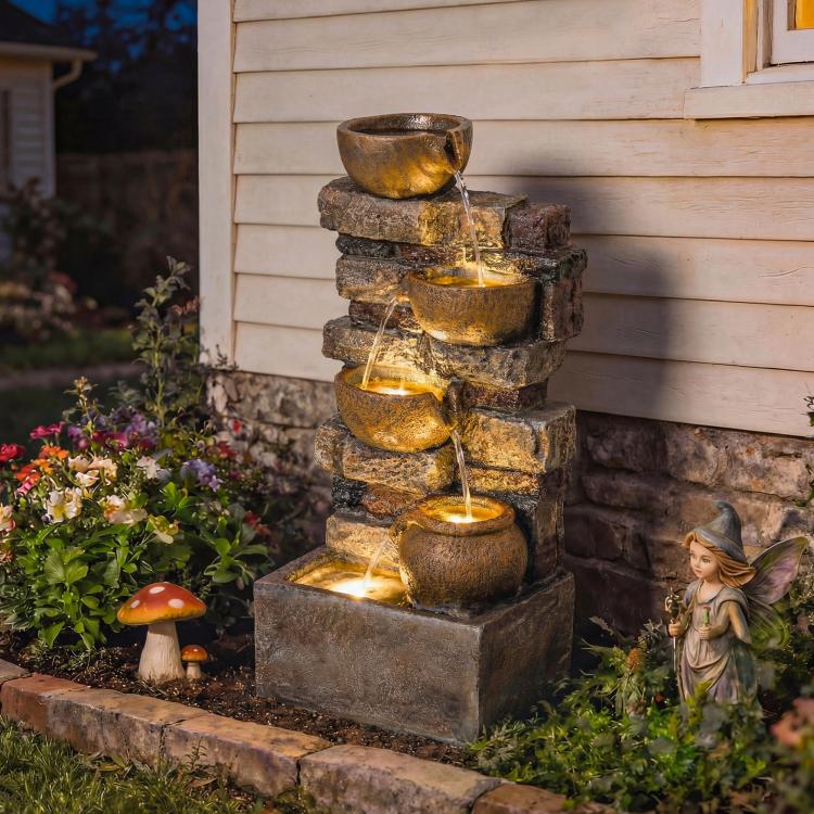 Outdoor tiered jug fountain with flowing water and warm illuminated LEDs