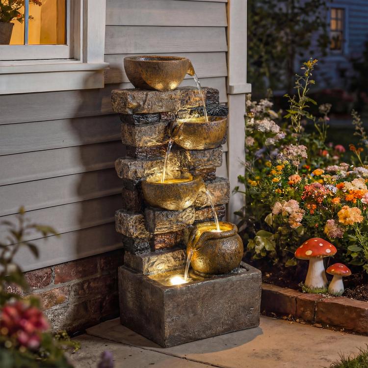 Rustic stone-look tiered jug fountain with cascading water and LED glow