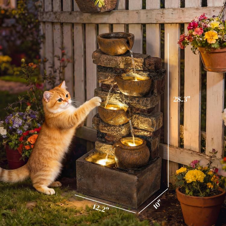 Compact tiered jug fountain with warm LED lights and steady cascading water