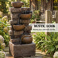 Rustic tiered jug fountain with flowing water and warm LED illumination